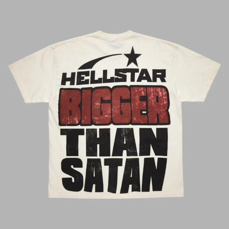 Back view of the cream Hellstar Bigger Than Satan T-shirt featuring large red and black bold lettering graphic design.