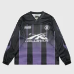 Hellstar black and purple mesh patchwork long sleeve tee featuring a bold graphic print streetwear design