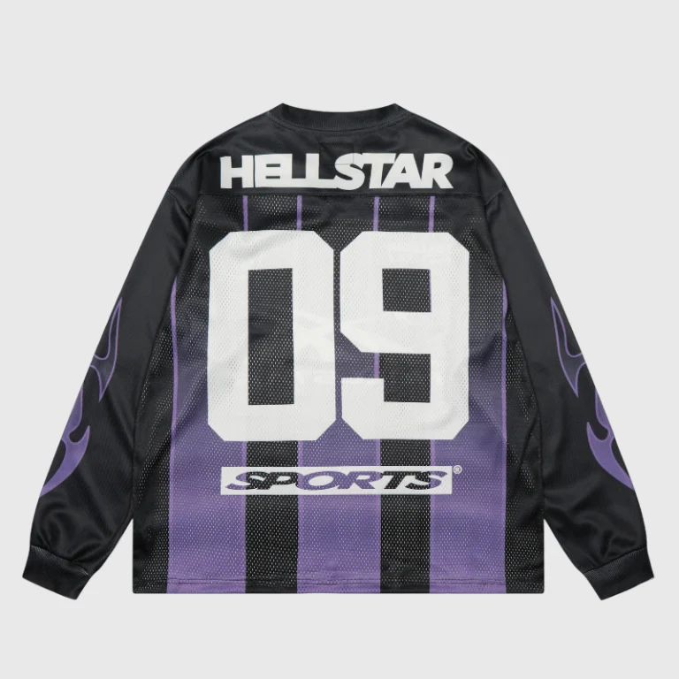 Hellstar black and purple mesh patchwork long sleeve tee featuring number 09 and sport graphics on the back