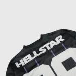 Hellstar black and purple mesh patchwork long sleeve tee with bold branding and jersey-style design details.