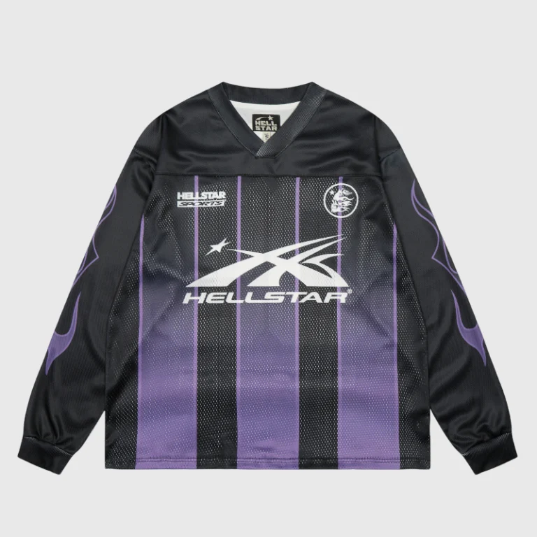 Hellstar black and purple mesh patchwork long sleeve tee featuring a bold graphic print streetwear design