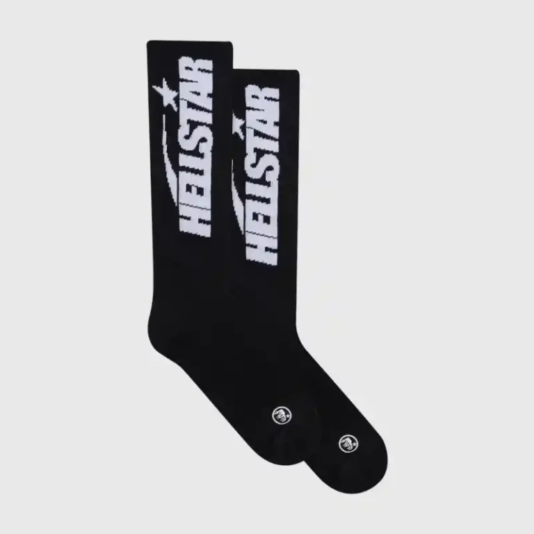 A pair of black Hellstar crew socks featuring signature white logo branding, made from premium cotton fabric