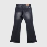 Back view of premium Hellstar black denim flare jeans featuring a branded leather patch and iconic retro-inspired cut.