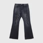Front view of Hellstar Black Denim Flare Jeans featuring a signature graphic print and a vintage washed design.