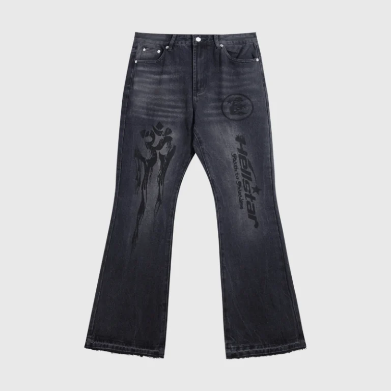 Front view of Hellstar Black Denim Flare Jeans featuring a signature graphic print and a vintage washed design.