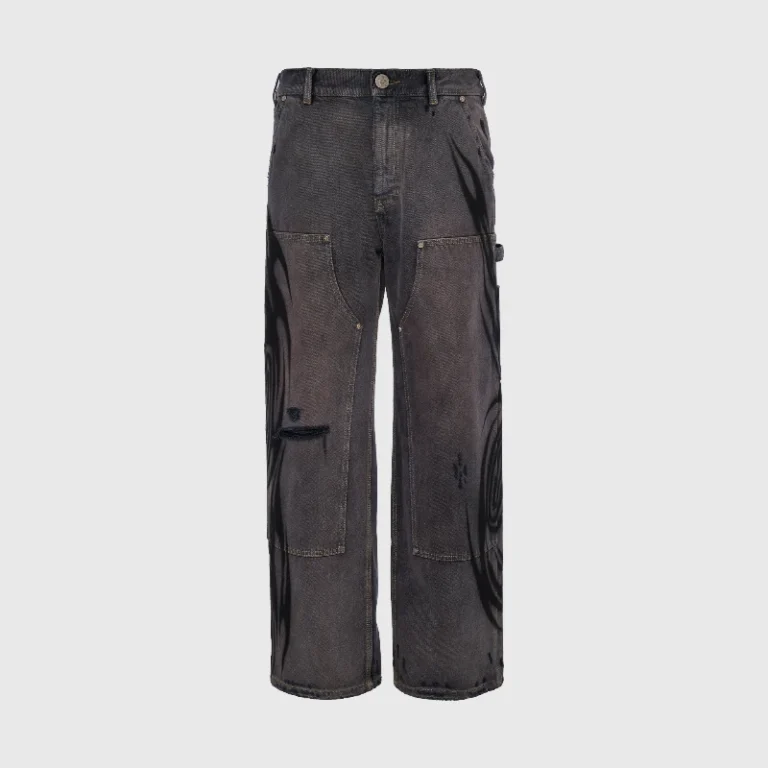 Hellstar black denim ripped pants featuring a distressed streetwear aesthetic with premium heavy-duty cotton fabric.