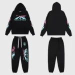 Black Hellstar Sample Tracksuit set featuring a graphic pullover hoodie and matching jogger pants with flame designs.
