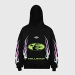 Black Hellstar Logo Print Hoodie featuring pink and white flames with a green graphic centerpiece on a black pullover.