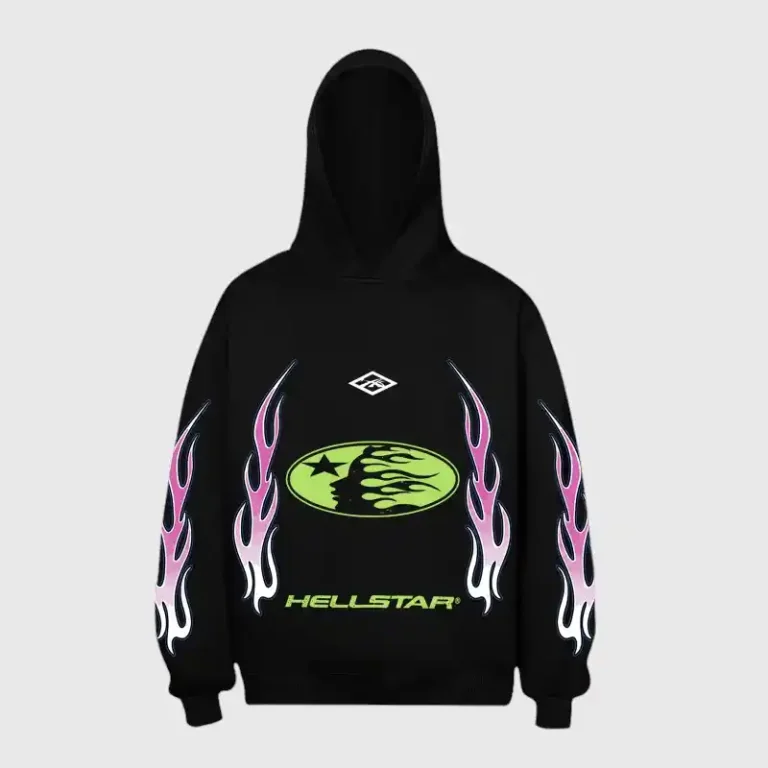 Black Hellstar Logo Print Hoodie featuring pink and white flames with a green graphic centerpiece on a black pullover.