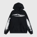 Front view of the black Hellstar hoodie featuring a white graffiti logo on the chest and sleeve graphic print design.