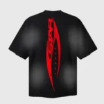 A black Hellstar graphic-print T-shirt with a bold red logo design, made from premium cotton for streetwear style.