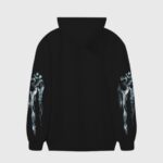 Back view of a black Hellstar hoodie featuring unique graphic designs on the sleeves and a comfortable premium fit.