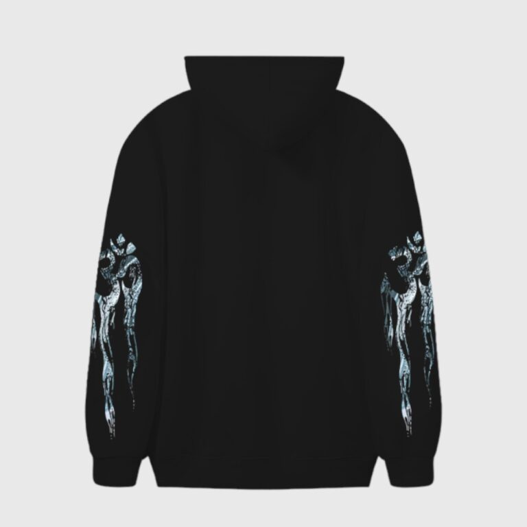 Back view of a black Hellstar hoodie featuring unique graphic designs on the sleeves and a comfortable premium fit.
