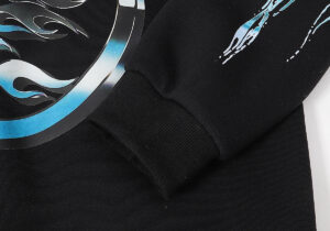 Close-up view of the graphic print and ribbed sleeve detail on the black Hellstar hoodie for men and women.