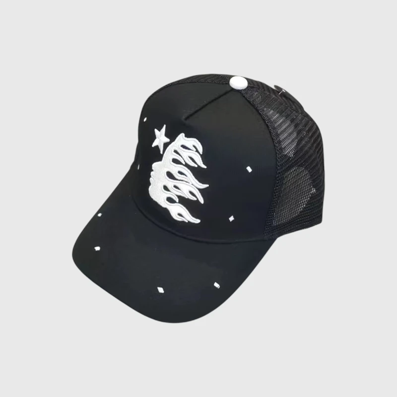 Hellstar Black Mesh Flame Logo Trucker Hat Black Hellstar baseball hat featuring a white flame and star logo design with a classic mesh trucker cap construction.