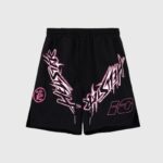 Premium Hellstar black nylon athletic shorts featuring bold pink graphic screen prints and a comfortable drawstring fit