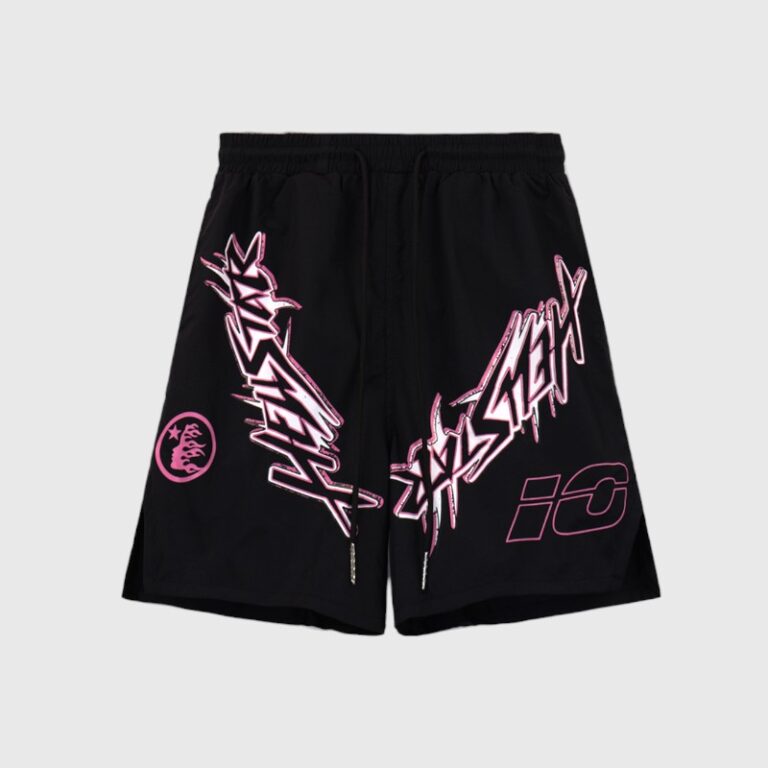 Premium Hellstar black nylon athletic shorts featuring bold pink graphic screen prints and a comfortable drawstring fit