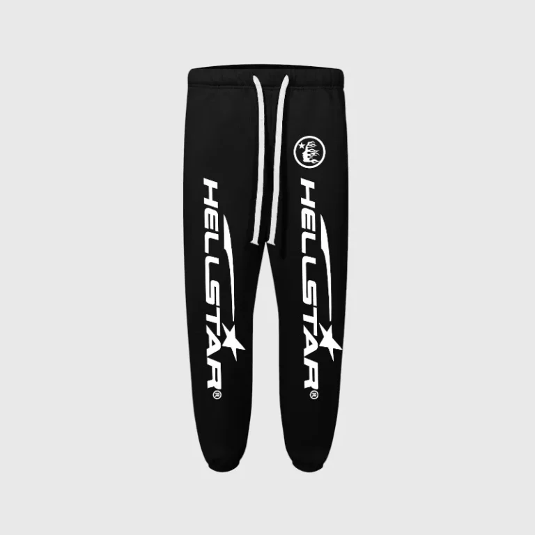 Black Hellstar sweatpants featuring a white graphic print logo, drawstring waist, and premium fleece fabric design.