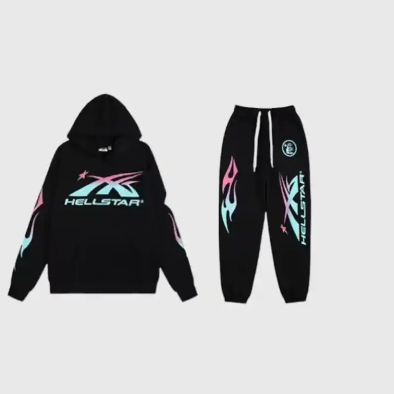 Hellstar Black Sample Tracksuit featuring a pullover hoodie and matching jogger pants with colorful graphic logo prints.