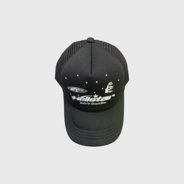 Black Hellstar snapback cap featuring a graphic logo design on the front panel and a structured mesh back construction