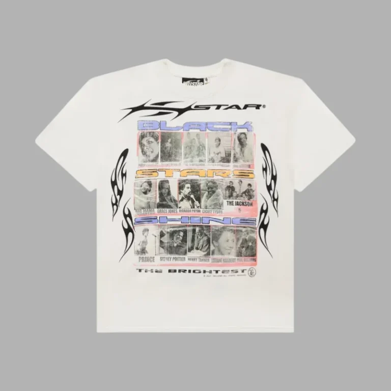 Front view of the white Hellstar Black Stars graphic T-shirt featuring unique vintage celebrity collage prints.