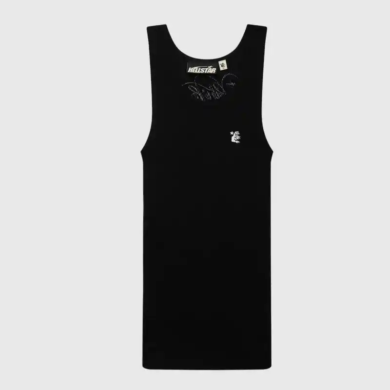 Hellstar Black Tank Top Front View Hellstar black cotton unisex tank top front view on plain background featuring small logo and relaxed classic fit