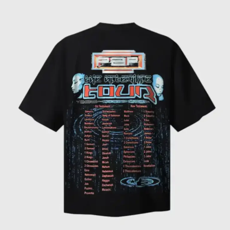Back view of the Hellstar Black Tour Afterlife vintage-style graphic T-shirt with intricate concert tour artwork.