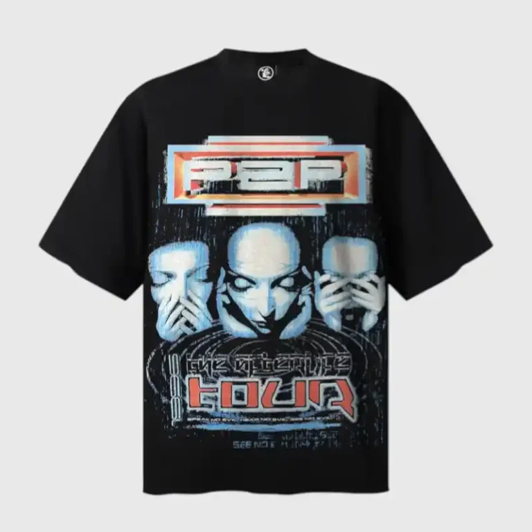 Front view of the Hellstar Black Tour Afterlife T-shirt, featuring a vintage-style graphic print on black cotton.