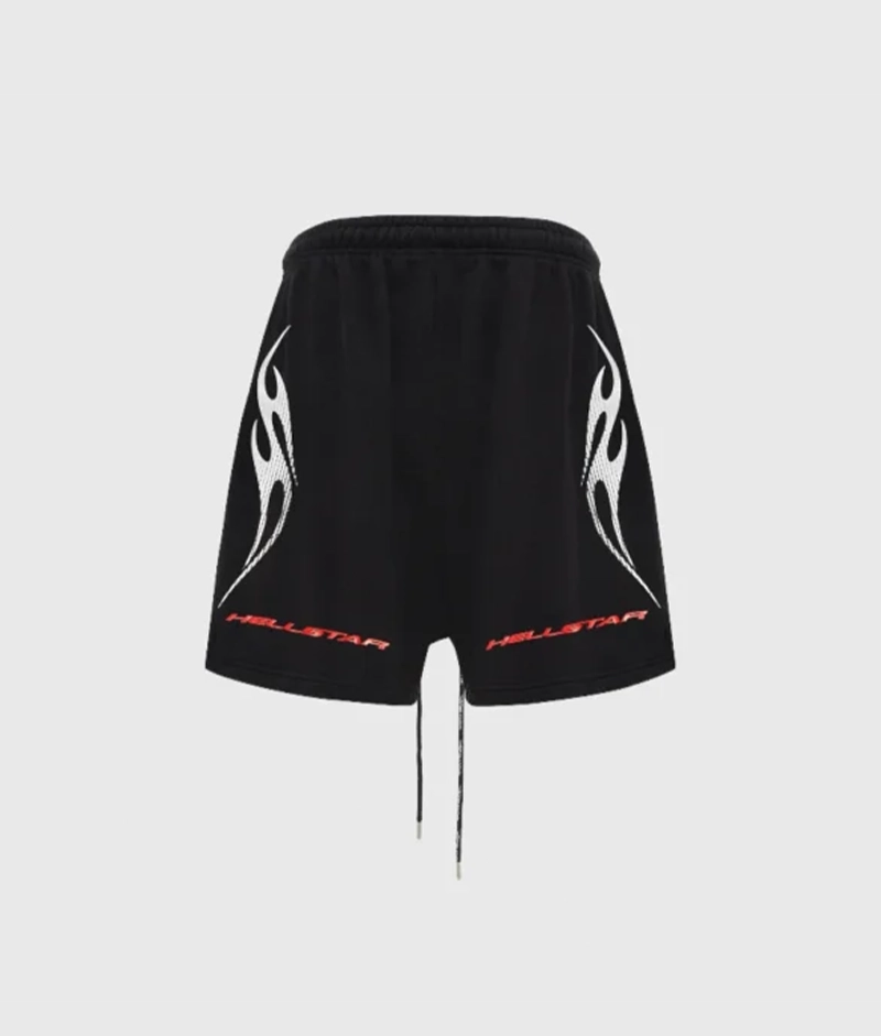 Black shorts with white tribal flame graphics on the sides and red Hellstar text near the hem