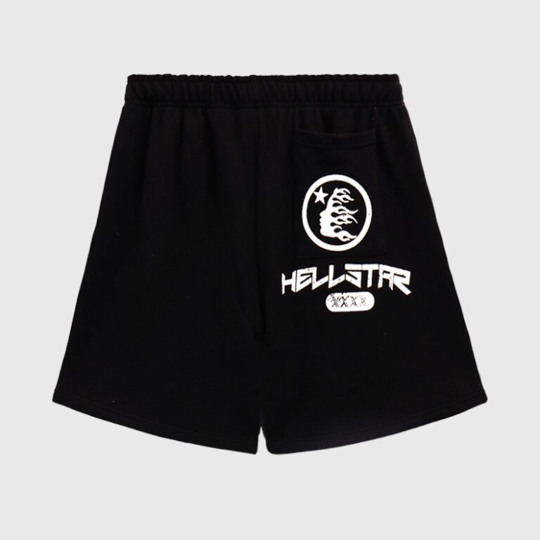 Hellstar black vintage shorts featuring a white distressed graphic logo and a comfortable relaxed streetwear fit