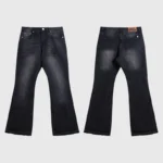 Hellstar black washed denim jeans featuring a vintage faded finish and a flared leg cut, shown from front and back.