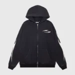 Black zip-up Hellstar hoodie featuring white graphic print detailing and a comfortable drawstring hood design.