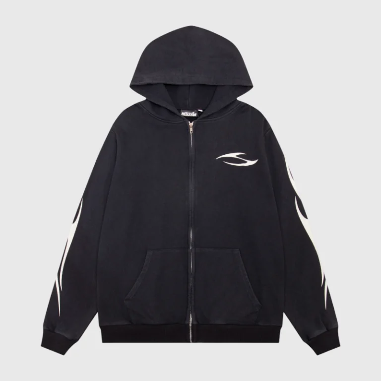 Black zip-up Hellstar hoodie featuring white graphic print detailing and a comfortable drawstring hood design.