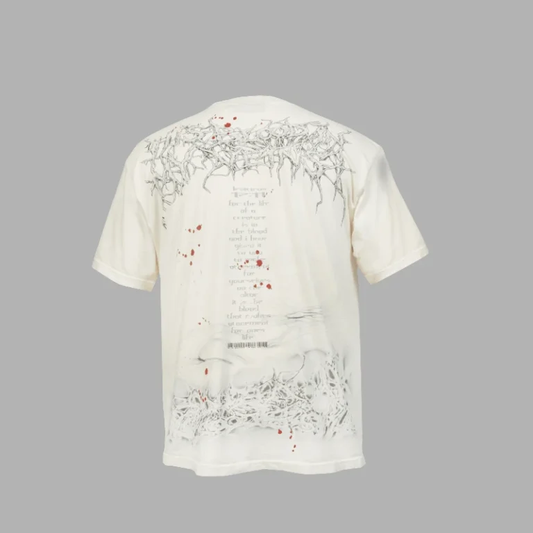 Back view of the cream Hellstar Blood In My Veins T-shirt featuring a dark distressed graphic and typography.
