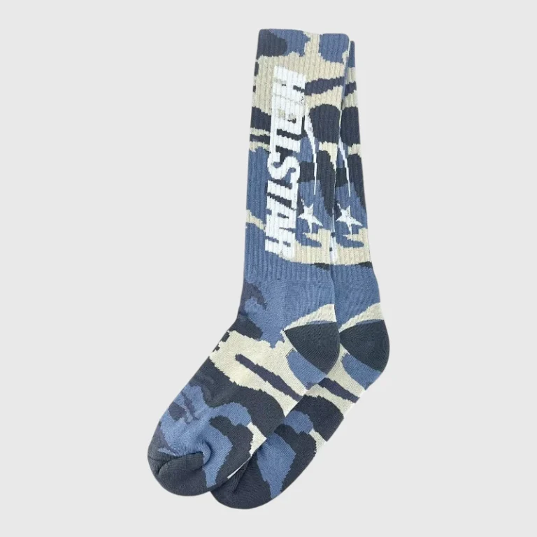 A pair of comfortable Hellstar logo socks featuring a stylish blue camo pattern for everyday streetwear outfits.