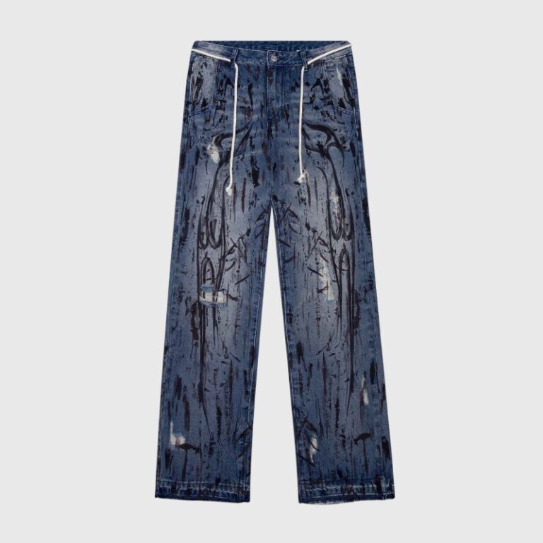 Premium Hellstar blue denim jeans featuring a vintage washed look with unique black graphic screen print details.