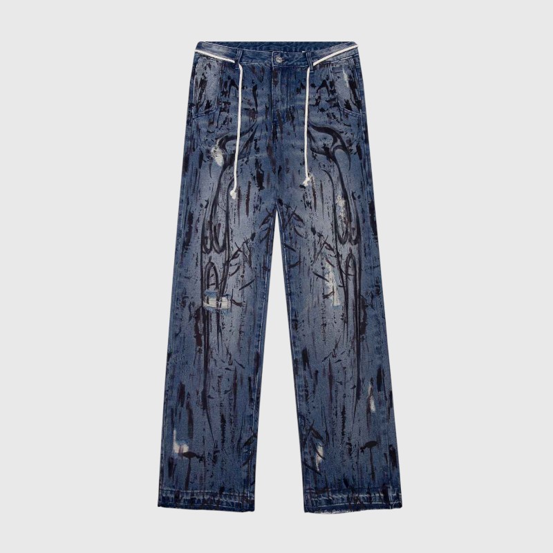 Hellstar Blue Denim Graphic Jeans Premium Hellstar blue denim jeans featuring a vintage washed look with unique black graphic screen print details.