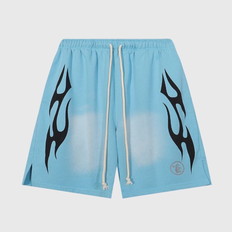 Hellstar Blue Flame Graphic Shorts featuring an athletic fit, adjustable drawstring, and premium cotton blend fabric.
