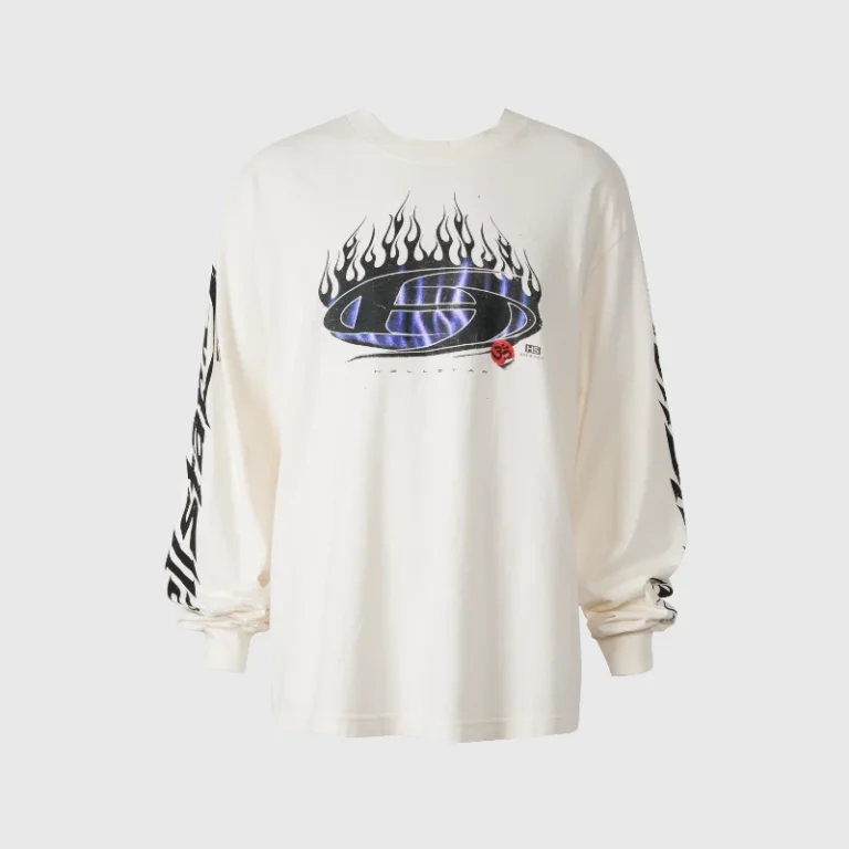 Hellstar Blue Flame long sleeve shirt featuring a white cotton base and a bold high-contrast blue flame graphic print.