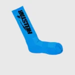 Bright blue Hellstar logo socks from a 4-pack neon collection featuring bold black branding for streetwear style.