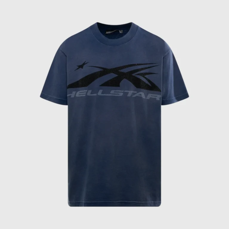 Front view of a blue Hellstar t-shirt featuring a decorative black rhinestone graphic logo on the chest area