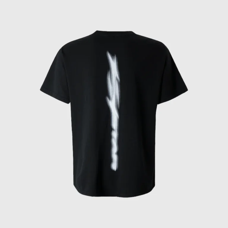Back view of the Hellstar Blur T-Shirt in black, showcasing a white vertical motion-blur graphic on premium cotton.