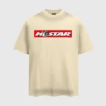 Cream-colored Hellstar short-sleeve crew neck T-shirt featuring a bold red rectangular graphic box logo on the chest.
