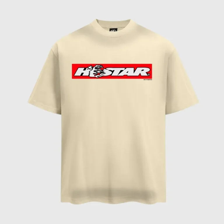 Cream-colored Hellstar short-sleeve crew neck T-shirt featuring a bold red rectangular graphic box logo on the chest.