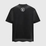 Back view of a black Hellstar Box Logo T-shirt featuring a circular flame graphic print on the upper back neckline.