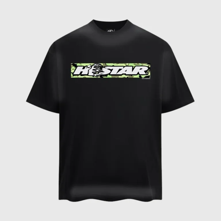 The black Hellstar Box Logo T-Shirt, displayed from the front with a distinct camouflage logo print on the chest.