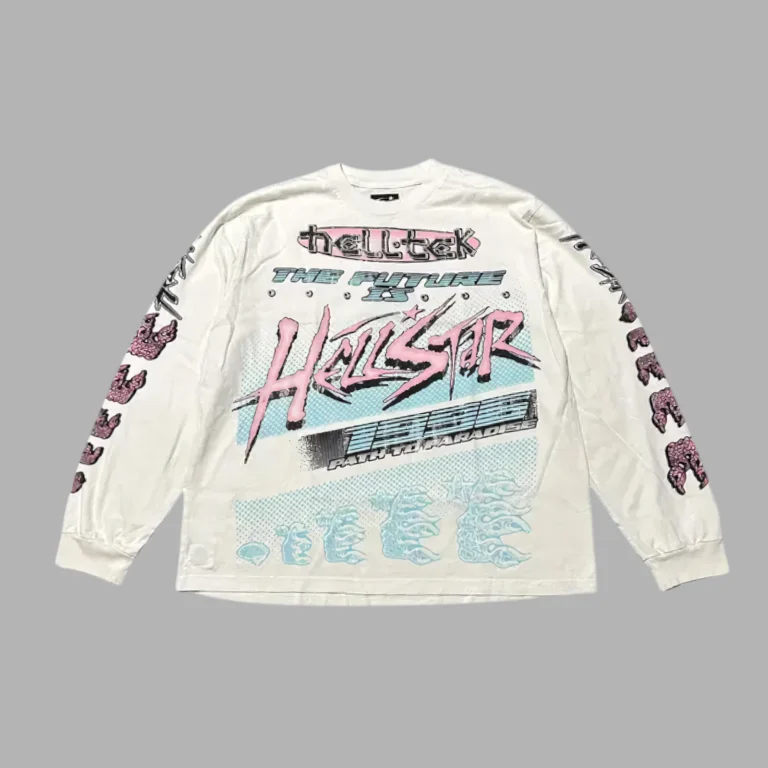 Front view of the white Hellstar Brain Racer long-sleeve sweater with vibrant graphic prints and branding details.