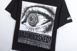 Hellstar Brainwashed black unisex T-shirt featuring a vintage washed graphic eye print and unique streetwear design.