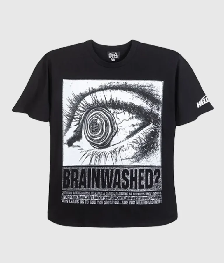 Hellstar Brainwashed black graphic T-shirt, a premium 100% cotton unisex vintage washed tee with unique eye artwork.