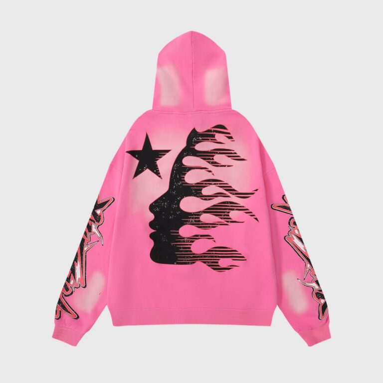 Back view of the vibrant pink Hellstar Brainwashed hoodie featuring a black graphic flame design and star emblem.